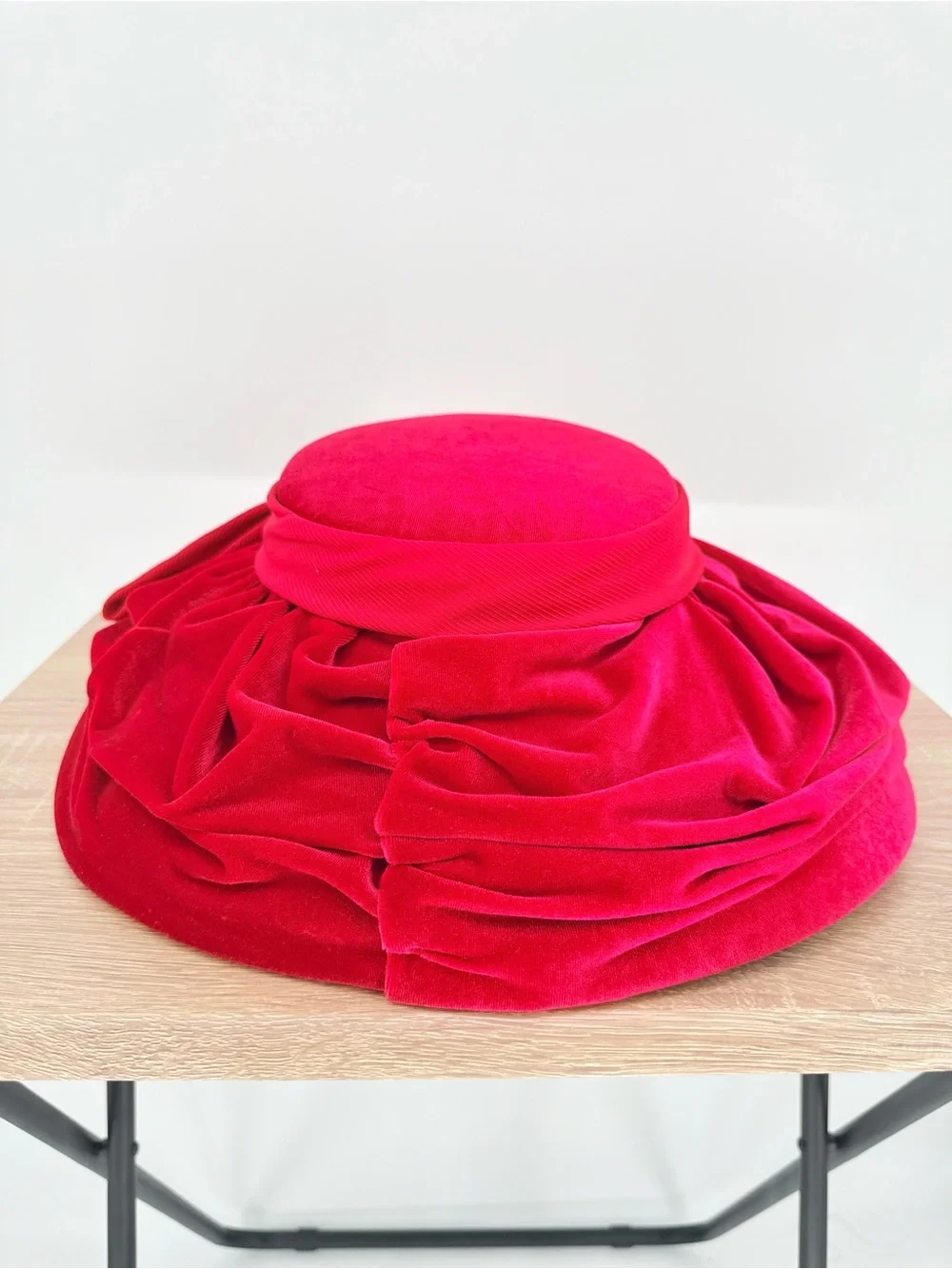 Whittall & Shon Vintage Red Wool Velvet Wide Brim Hat Rhinestone Bow Pillbox